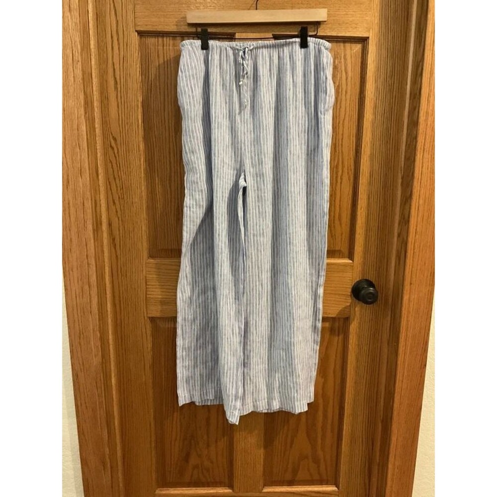 Blue Island Linen Look Striped Wide Leg Pants Seashell Charm Size M